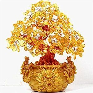 Citrine/Yellow Crytal Money Tree with Chinese Dragon Pots